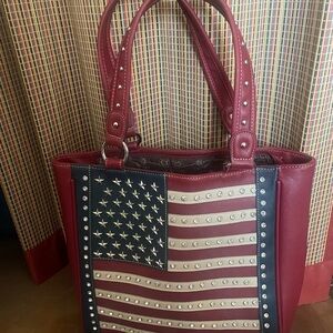 Montana West Red Tote with American Flag Design and Metallic Accents